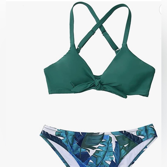 Green and Floral Print Low-Waisted Bikini Sets Swimsuit Women Sexy Bow-knot - Picture 4 of 8